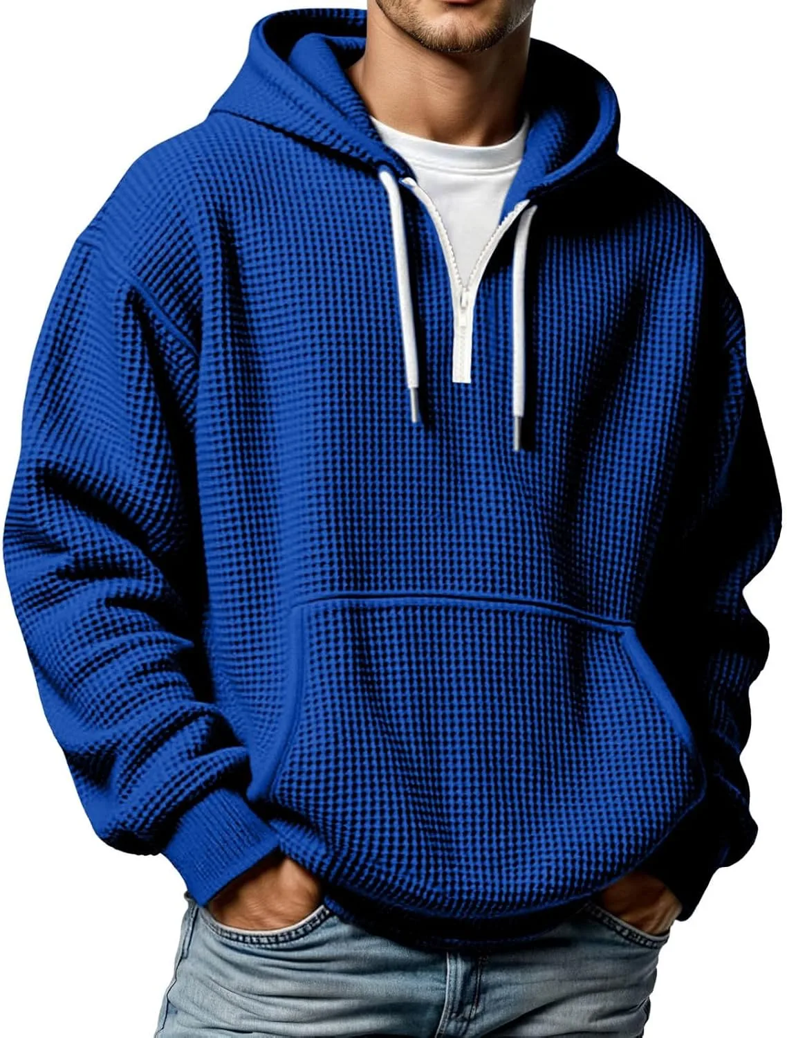 

Мужской худи-пуловер с четвертью молнии, вафельной вязкой и карманом