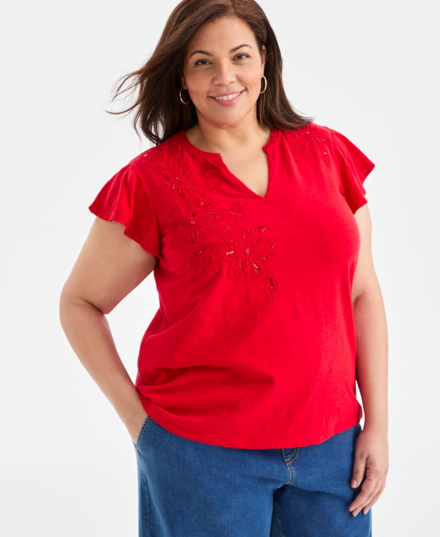 

Вязаный топ большого размера с вышивкой и рукавами-воланами, эксклюзивно для Macy's Style & Co, Tango Red