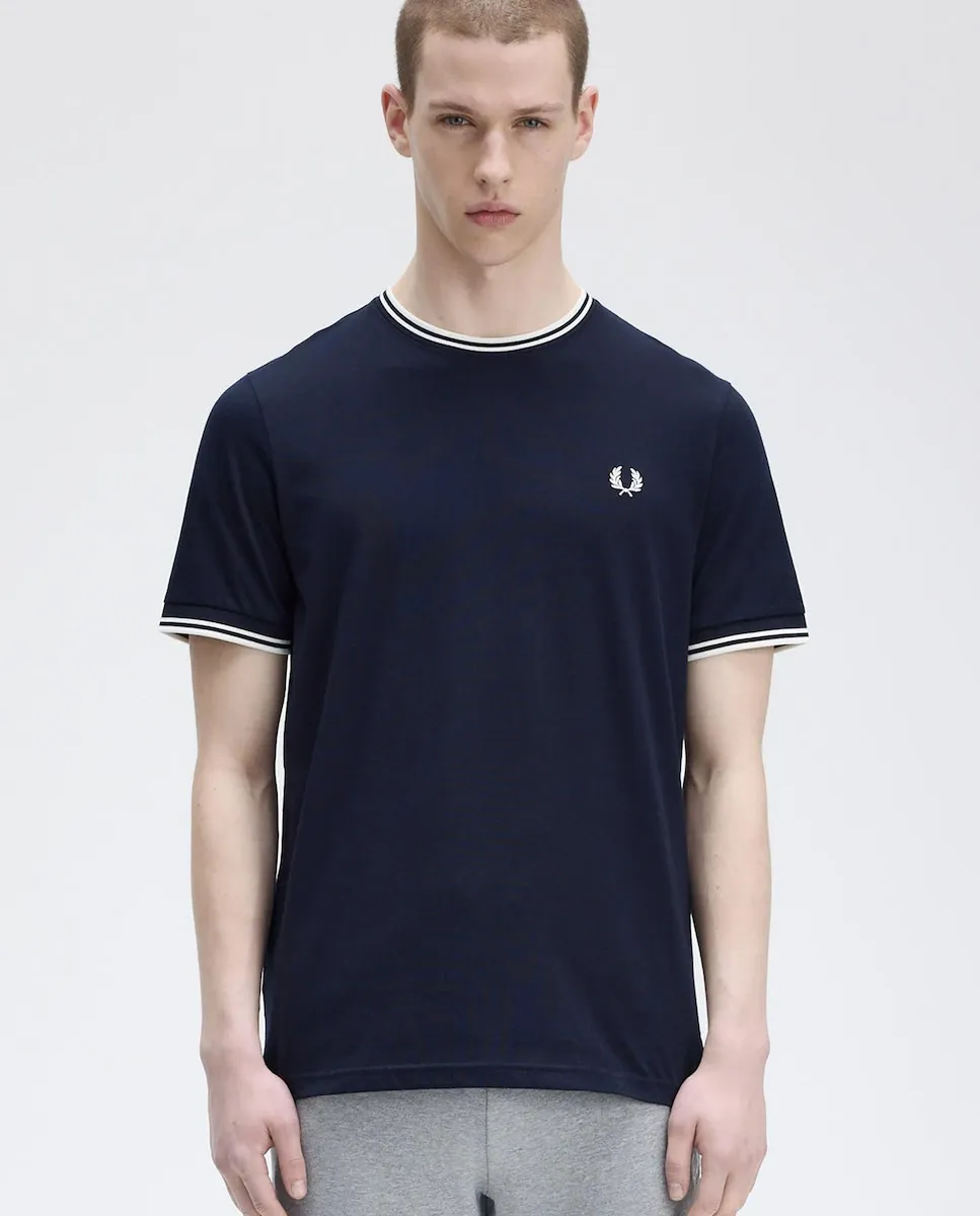 

Мужская футболка с коротким рукавом и отделкой с двумя полосками Fred Perry, темно-синий