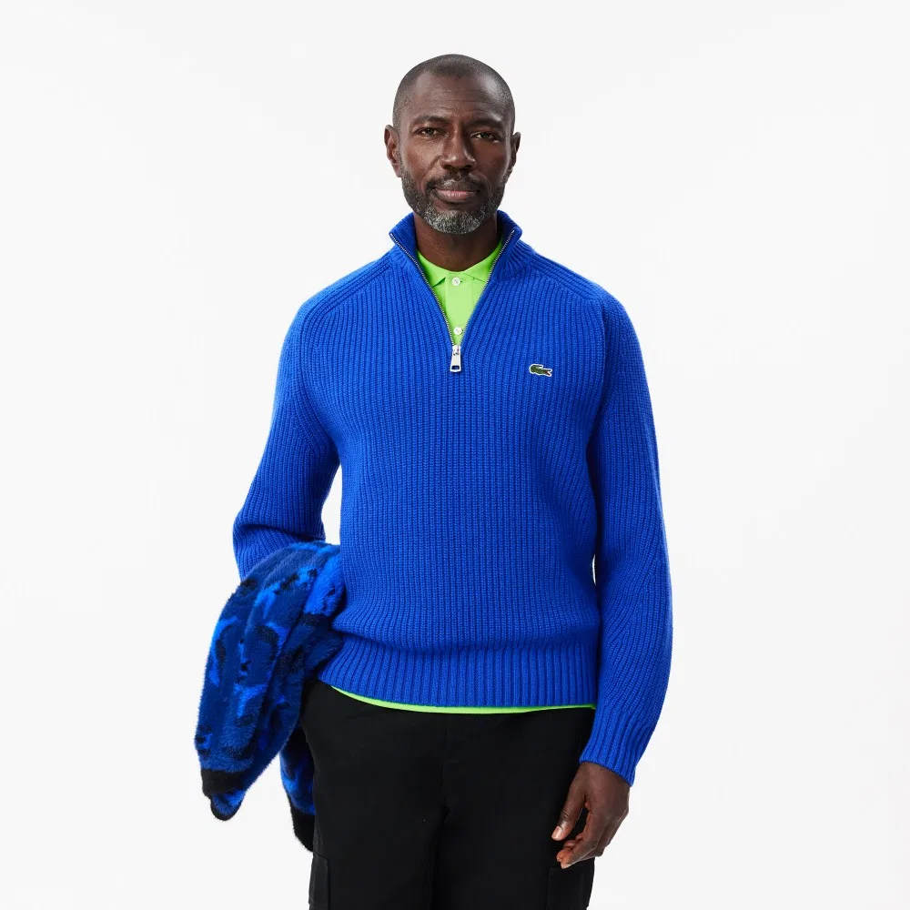 Мужской пуловер на молнии в рубчик из шерсти синий от Lacoste