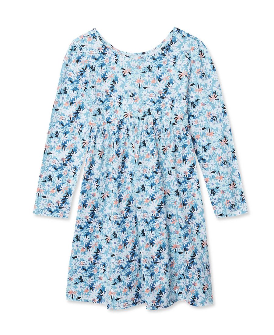 

Детское трикотажное платье с длинными рукавами и присборенной талией Lands' End, Blue watercolor daisies