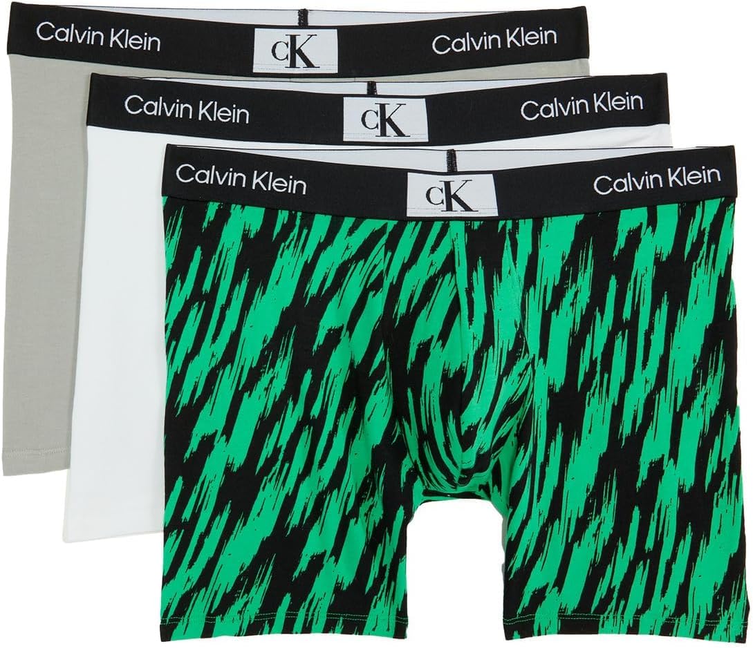 

Calvin Klein 1996, хлопковые трусы-боксеры, упаковка из 3 пар, White/Authentic Grey/Tiger Print/Island Green