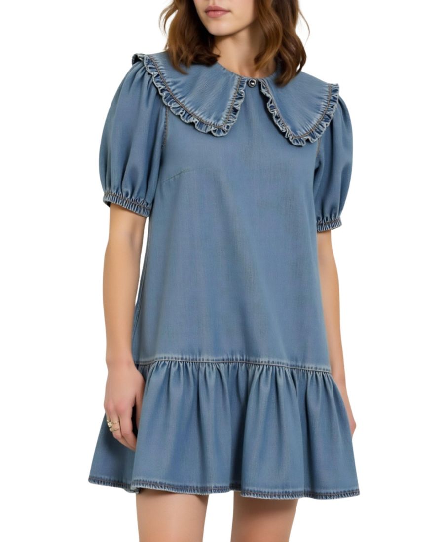 

Женское короткое платье с воротником-рюшами, пышными рукавами и многослойным подолом Modenaire, Light blue