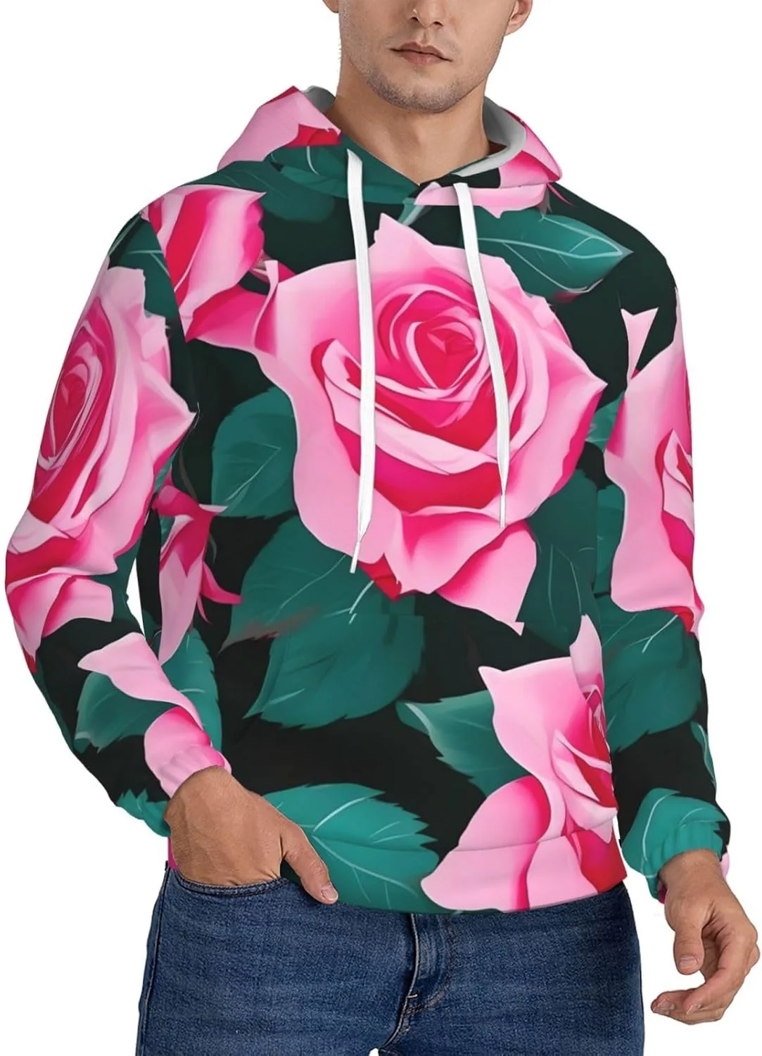 

Мужская флисовая толстовка с капюшоном - мягкая, теплая, с карманом, модный принт с розовыми розами SamLng