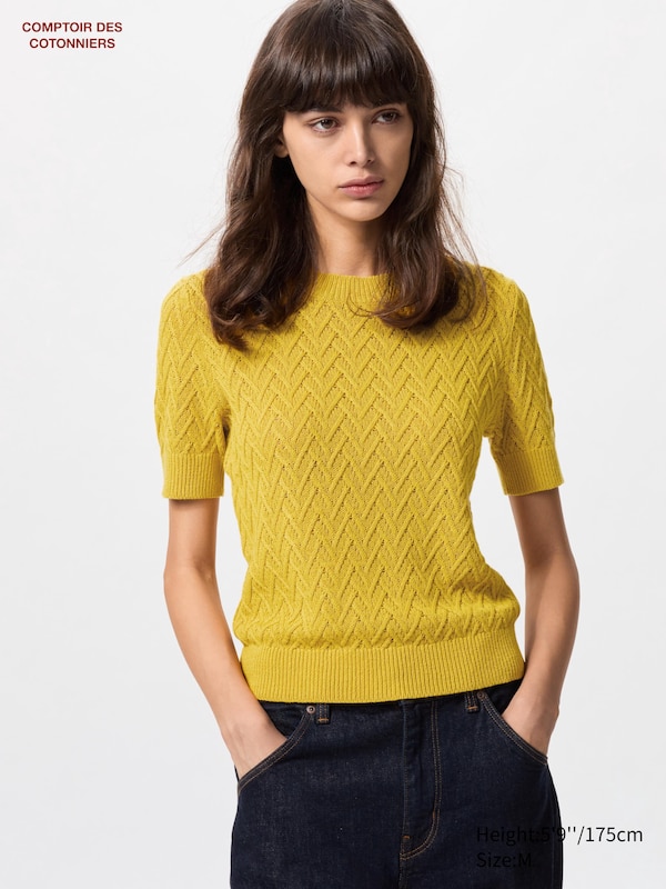 

Льняной джемпер с круглым вырезом и короткими рукавами Uniqlo, желтый
