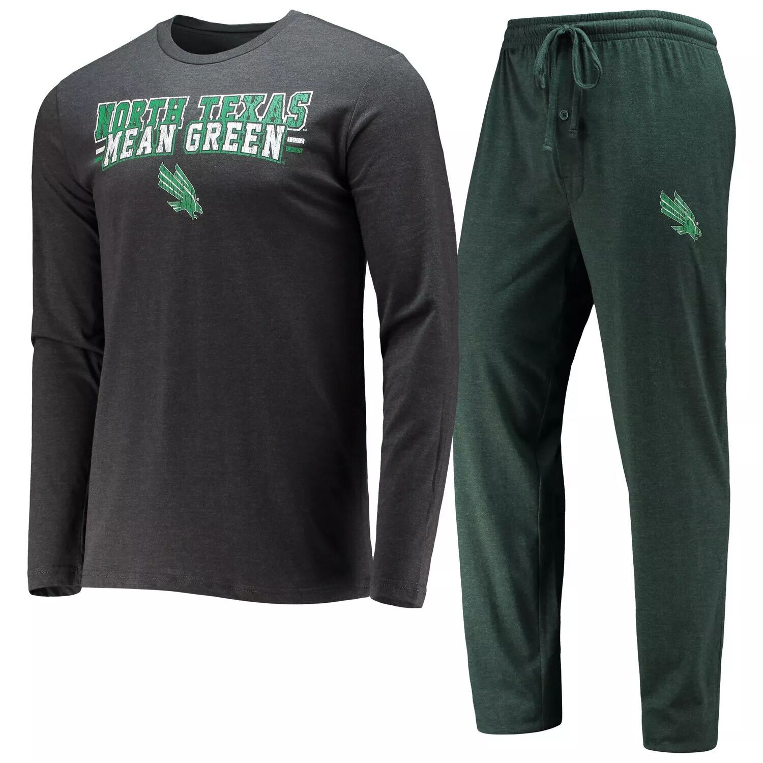 

Мужская футболка Concepts Sport Kelly Green/Heared Charcoal North Texas Mean Green Meter с длинными рукавами и брюки, комплект для сна