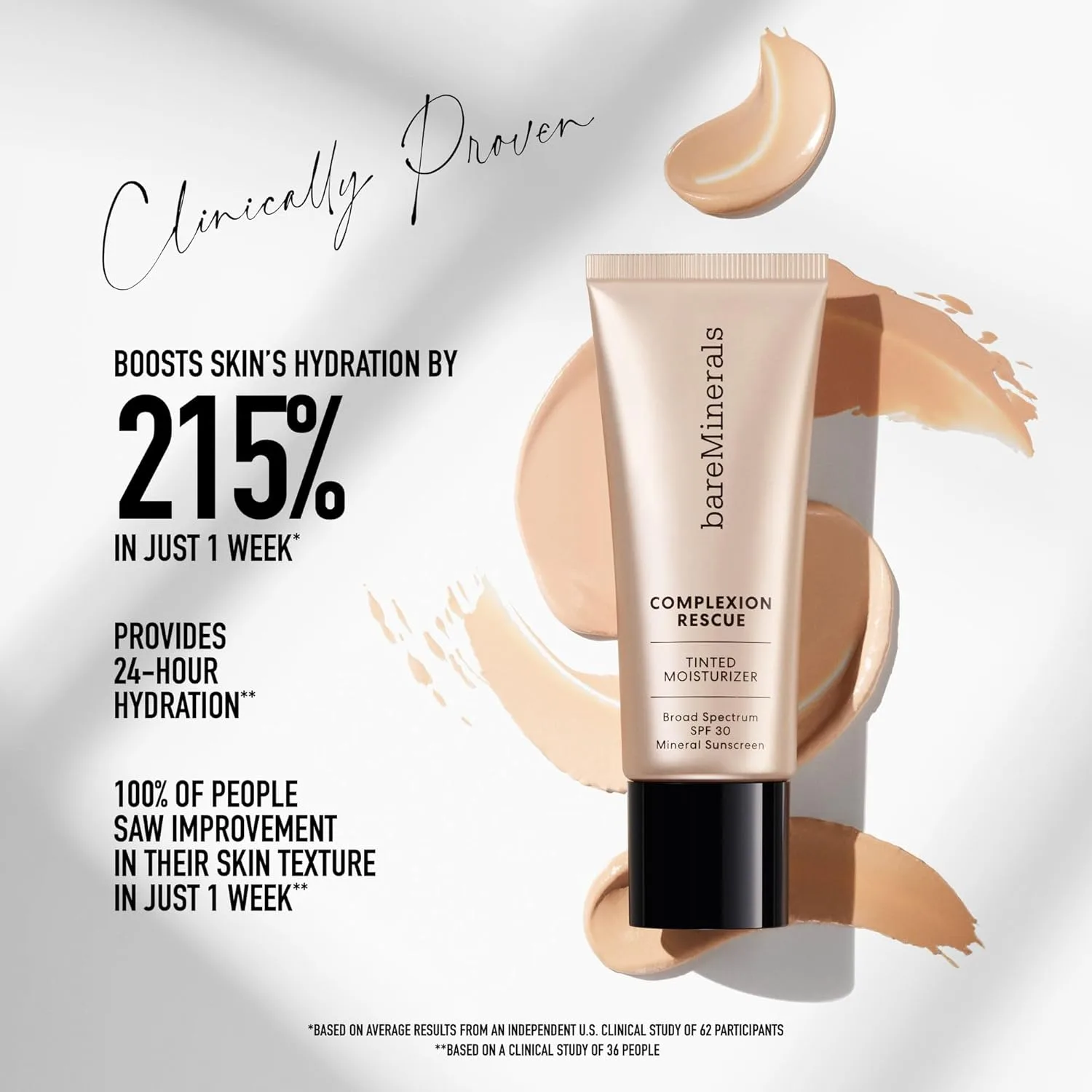 bareMinerals Complexion Rescue тонирующий увлажняющий крем с SPF 30, увлажняющий тонированный минеральный солнцезащитный крем с гиалуроновой кислотой, легкое покрытие Дорожный размер, AM Desert 6.5 — фото 3
