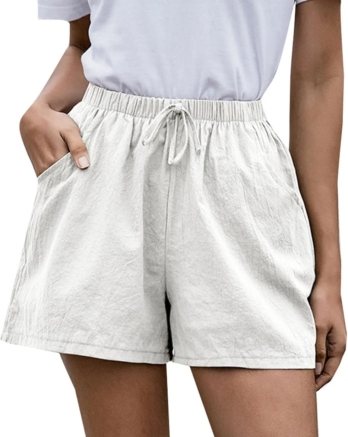 

XUNRYAN Женские летние шорты Casual, хлопок-лен, высокая талия, эластичные, легкие