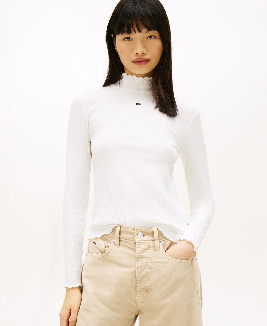 

Женская облегающая блузка с ребристой отделкой и воротником-стойкой Tommy Jeans, Ecru