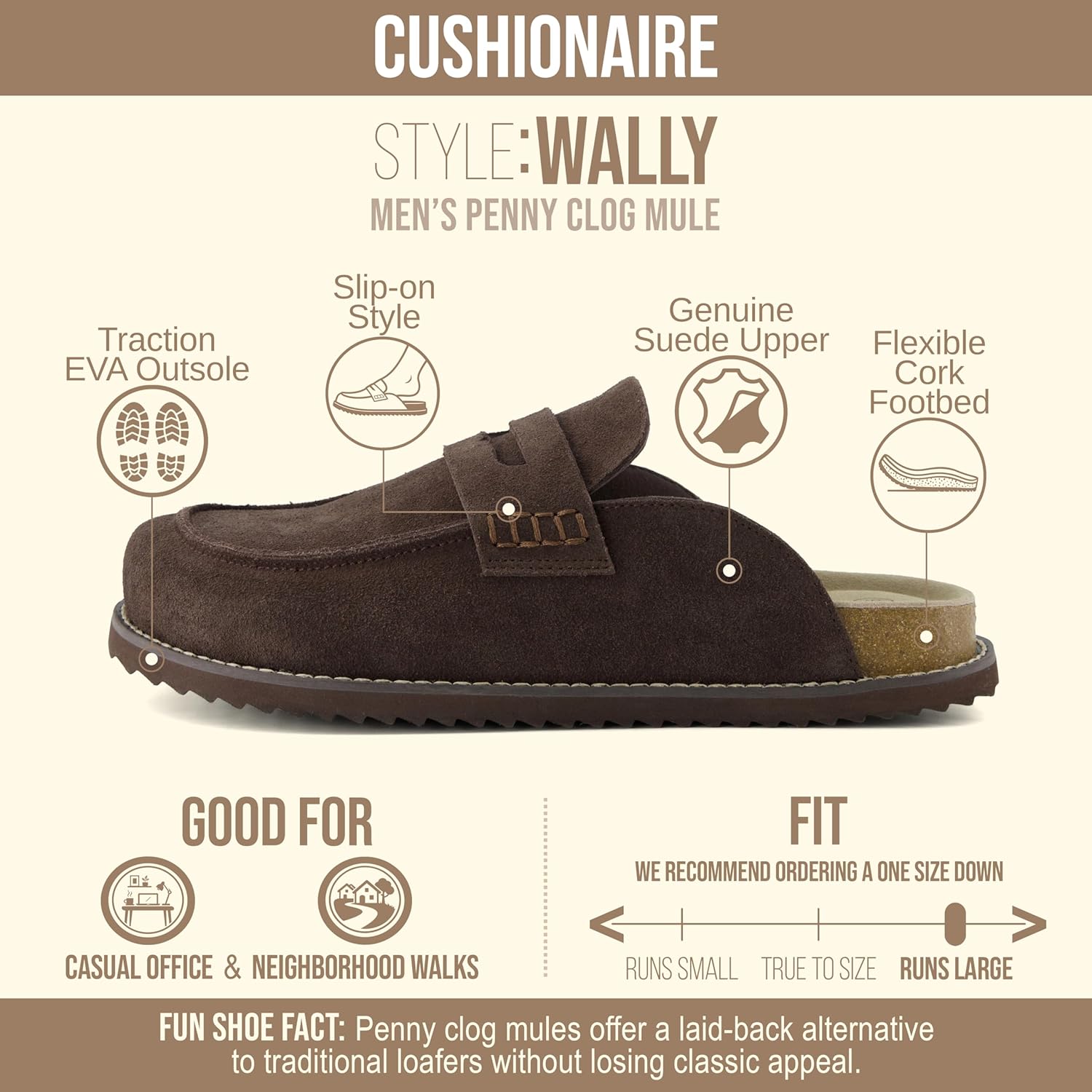 Мужские замшевые сабо CUSHIONAIRE Wally в стиле лоферов, с открытой пяткой, для дома и улицы, с амортизирующей стелькой, коричневый — фото 4