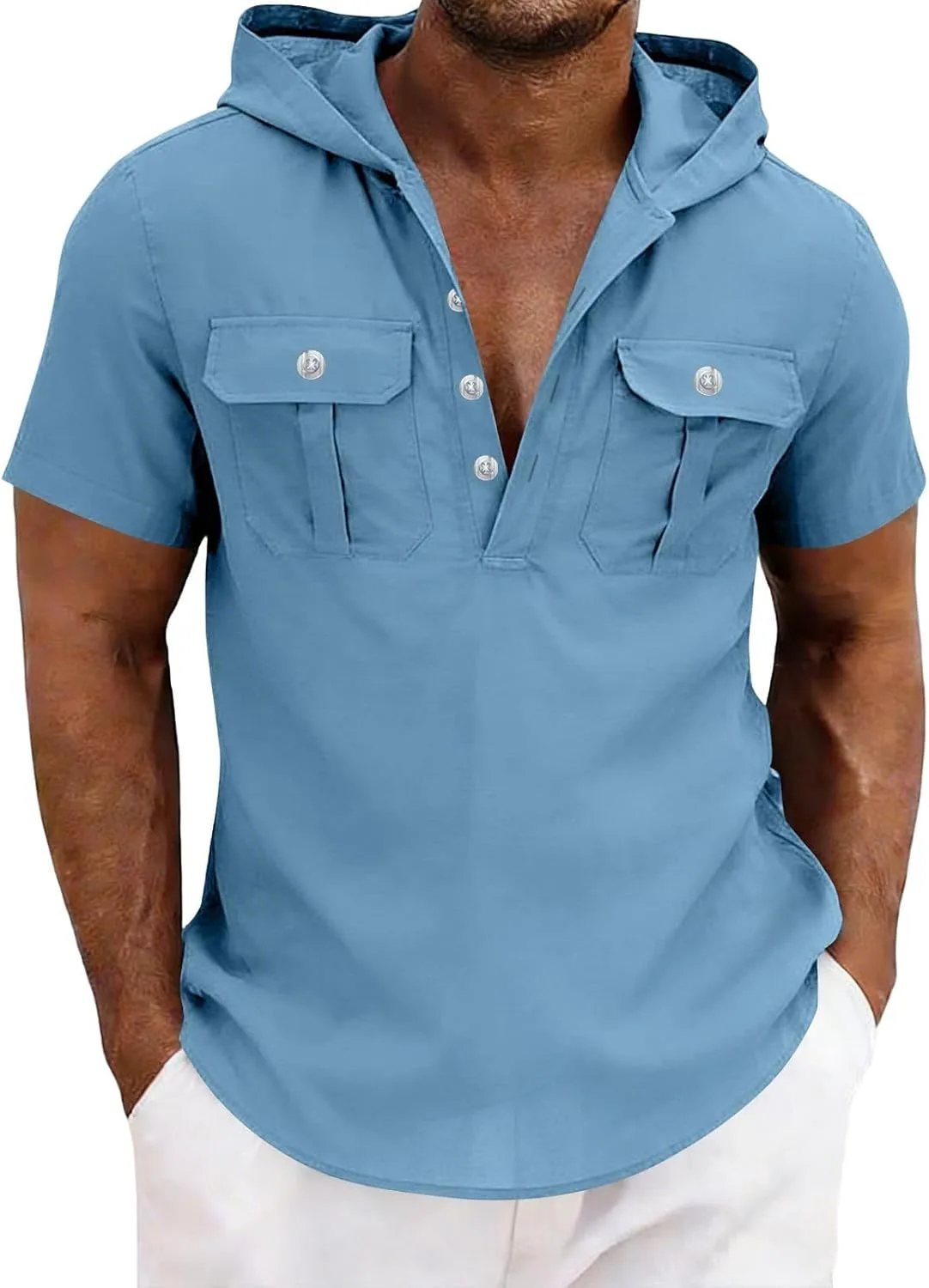 

Мужская хлопковая льняная рубашка с капюшоном и карманами