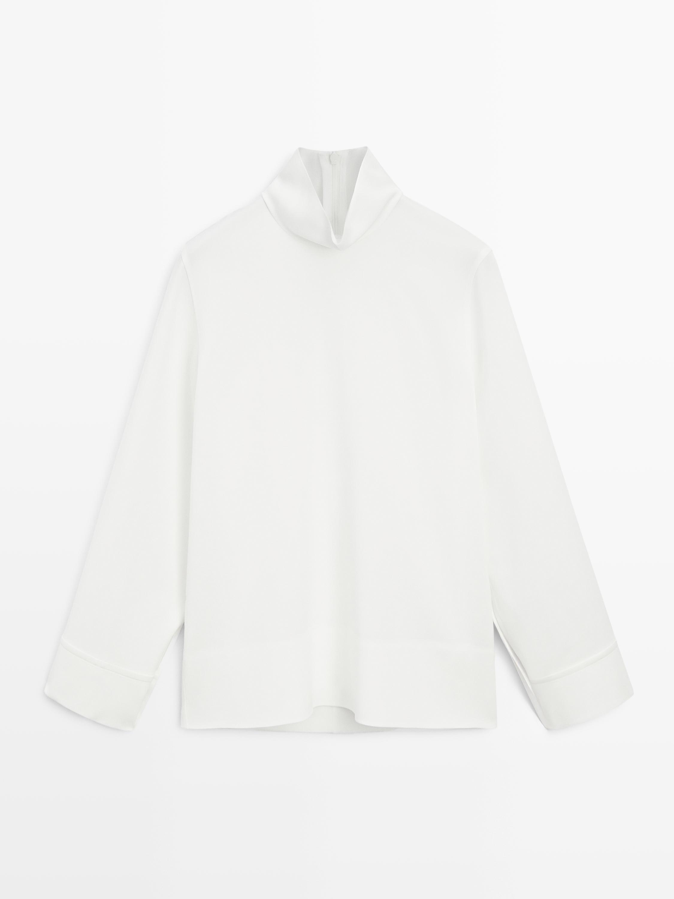 Блуза с высоким воротником и акцентом по низу Massimo Dutti, white — фото 2