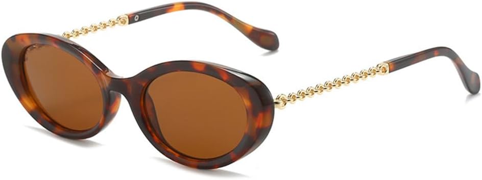 

Овальные солнцезащитные очки для женщин с металлическими цепочками на дужках, защита от УФ-излучения UV400, очки «кошачий глаз» для мужчин, для бега на открытом воздухе, занятий спортом и путешествий UYPTK, Leopard Tea