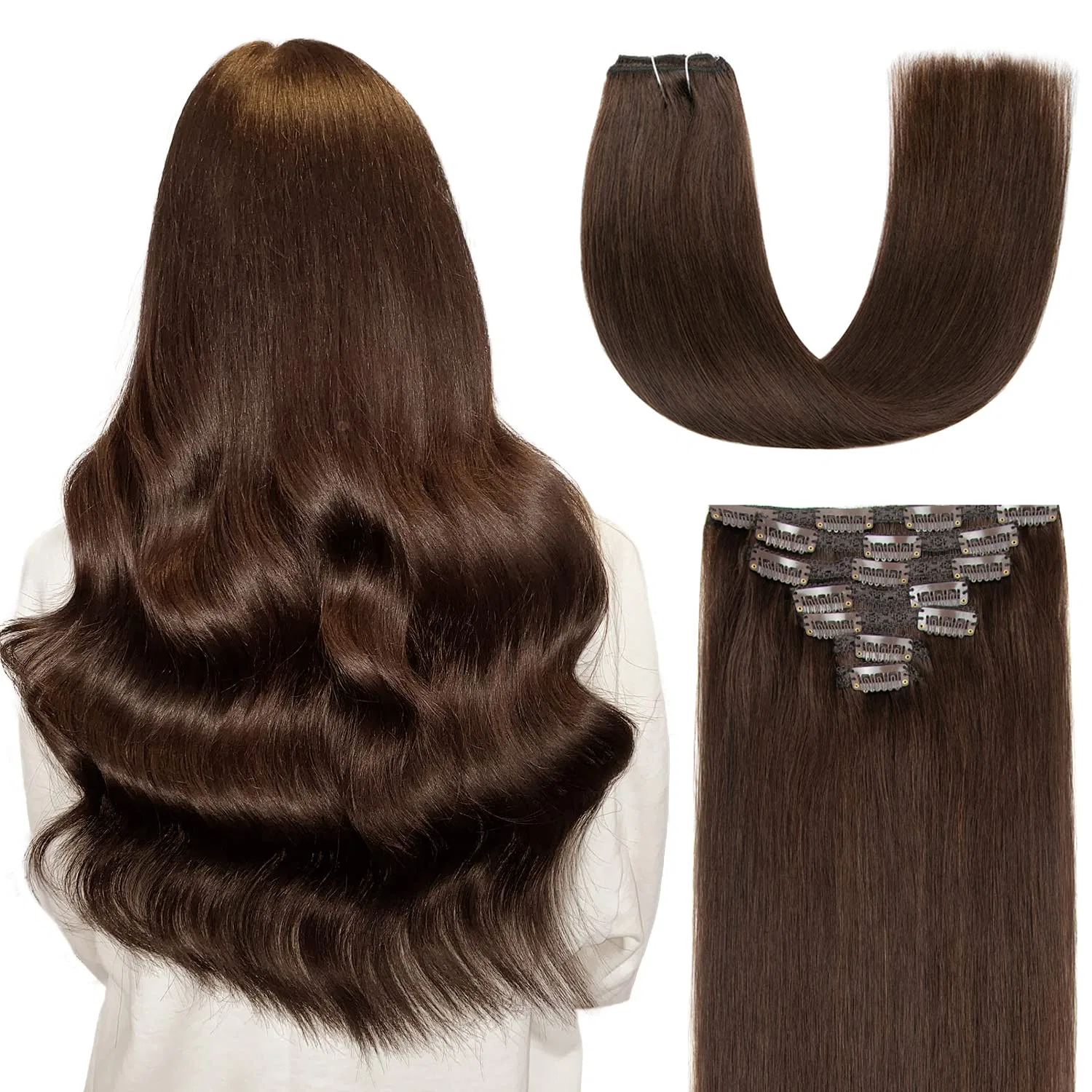 Бесшовные накладные пряди из натуральных волос на заколках Agmity, #2 Dark Brown
