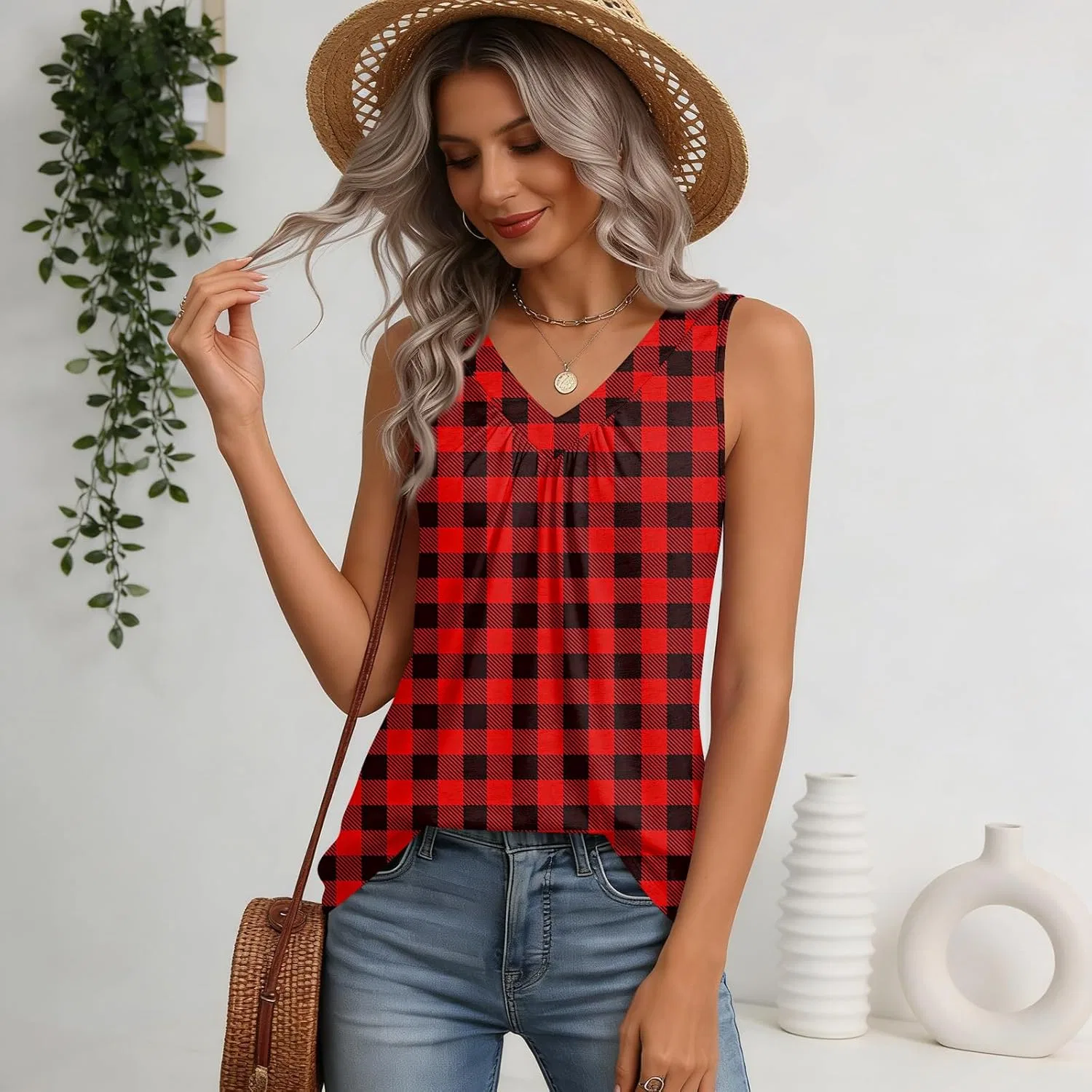 Женский топ с V-образным вырезом, плиссированный, без рукавов, Polyester+Rayon+Spandex, 1-wine — фото 3