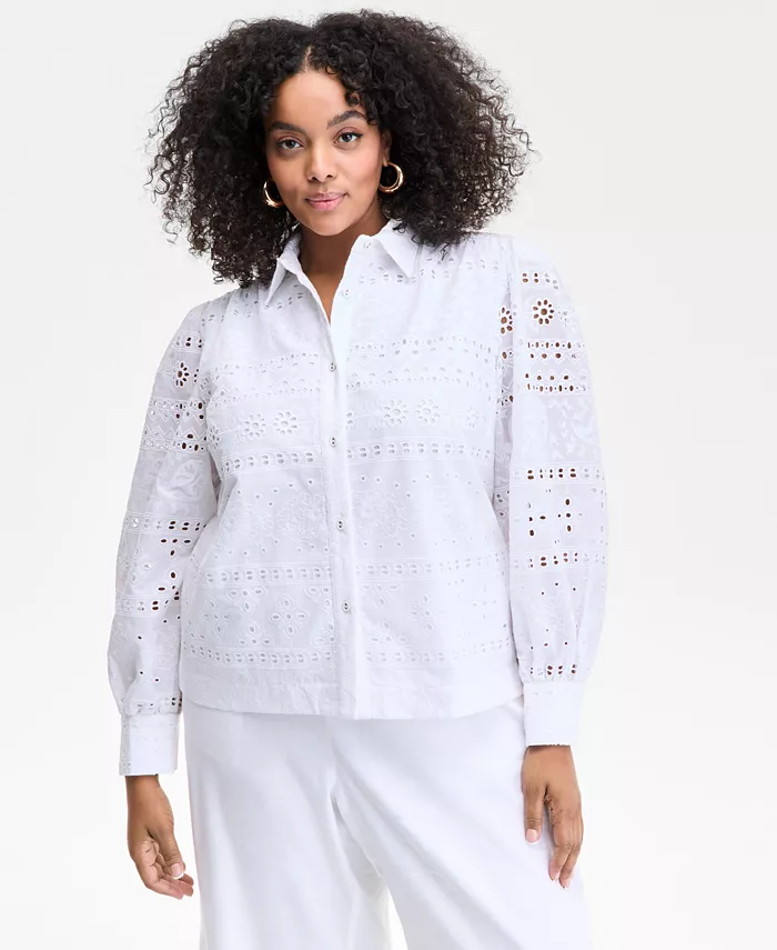 

Блузка из хлопка с ажурной вышивкой Plus Size I.N.C. International Concepts, белый