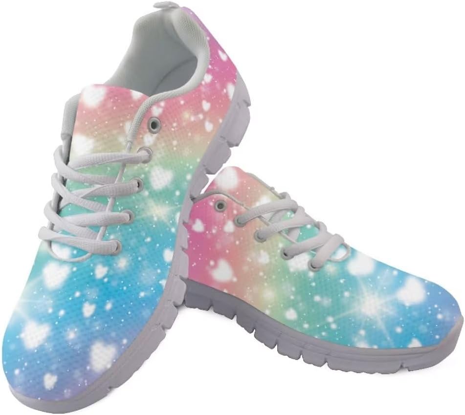 

Женские кроссовки Jeiento Fashion для прогулок на открытом воздухе, дышащие сетчатые кроссовки для тренировок и повседневной носки, мужские спортивные беговые кроссовки, обувь на День святого Валентина, Rainbow Hearts