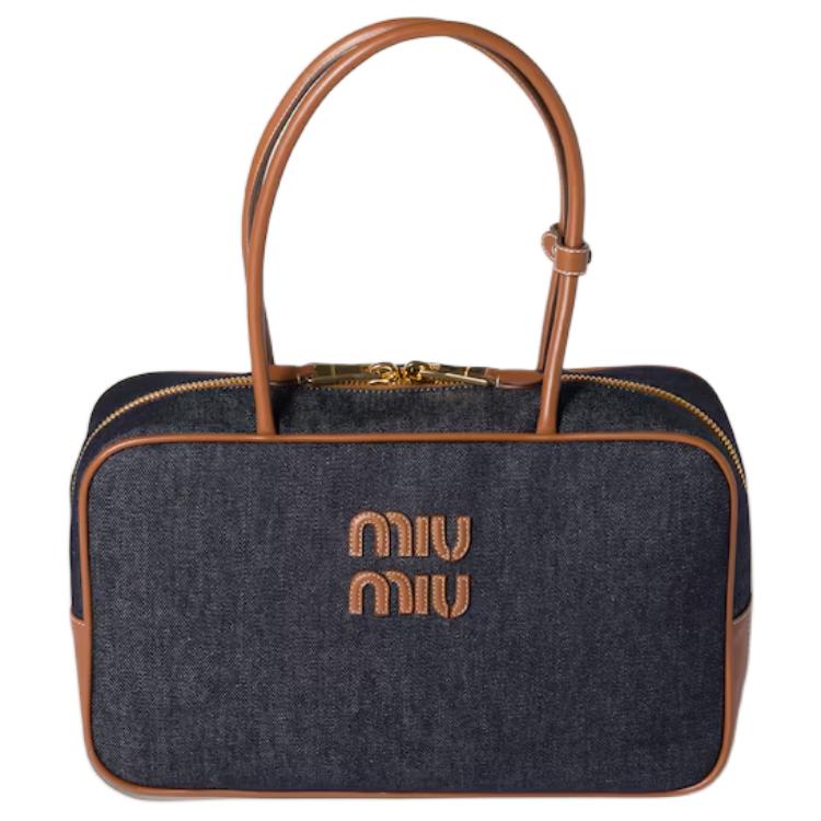 MIU MIU Хлопковая сумка женская синяя и коньячная — фото 2
