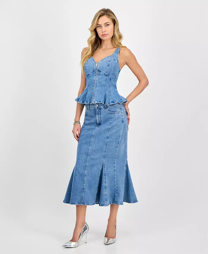 

Женский джинсовый топ Anika с баской и джинсовая юбка миди Lia GUESS, синий