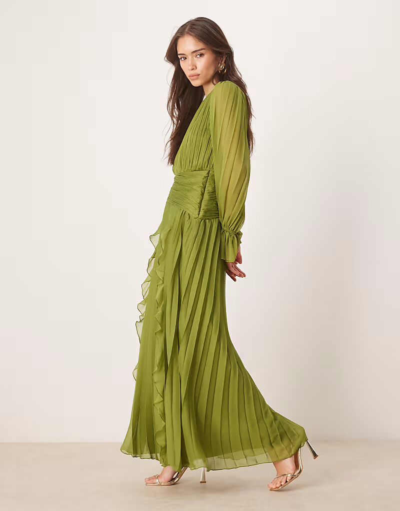 

Платье макси ASOS DESIGN с высоким воротом, сборками на поясе, оливкового цвета