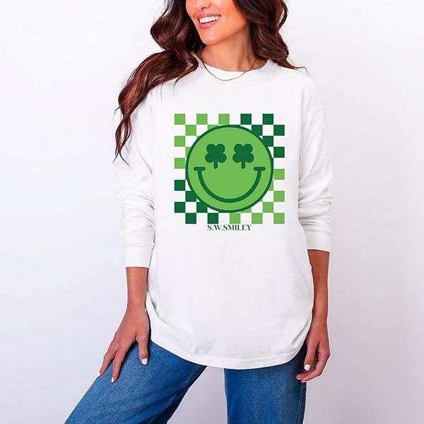

SWSmiley clover eyes smiley - женская футболка с длинным рукавом и принтом, окрашенная в стиле garment dyed Simply Sage Market, White, Белый, SWSmiley clover eyes smiley - женская футболка с длинным рукавом и принтом, окрашенная в стиле garment dyed Simpl