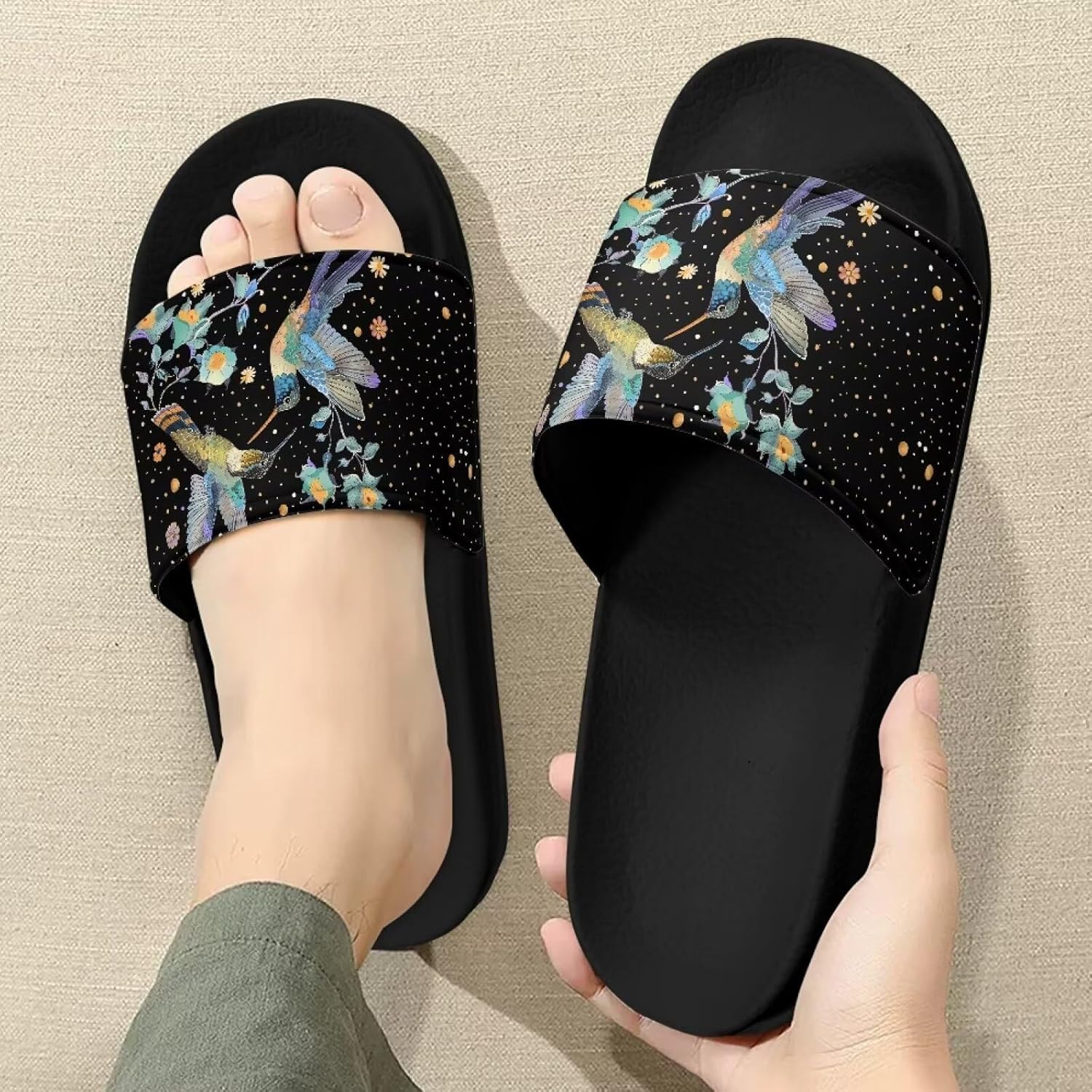 Унисекс шлепанцы Forchrinse Hawaiian Starfish для мужчин и женщин, открытый носок, для душа, повседневная обувь на плоской подошве, Hummingbird Flower — фото 3