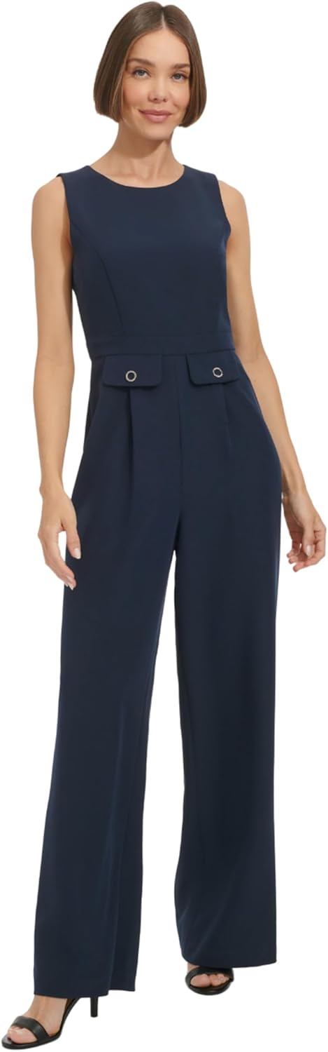 

Женский комбинезон Tommy Hilfiger без рукавов с разрезом на горловине, однотонный, с драпировкой, креп, Sky Captain