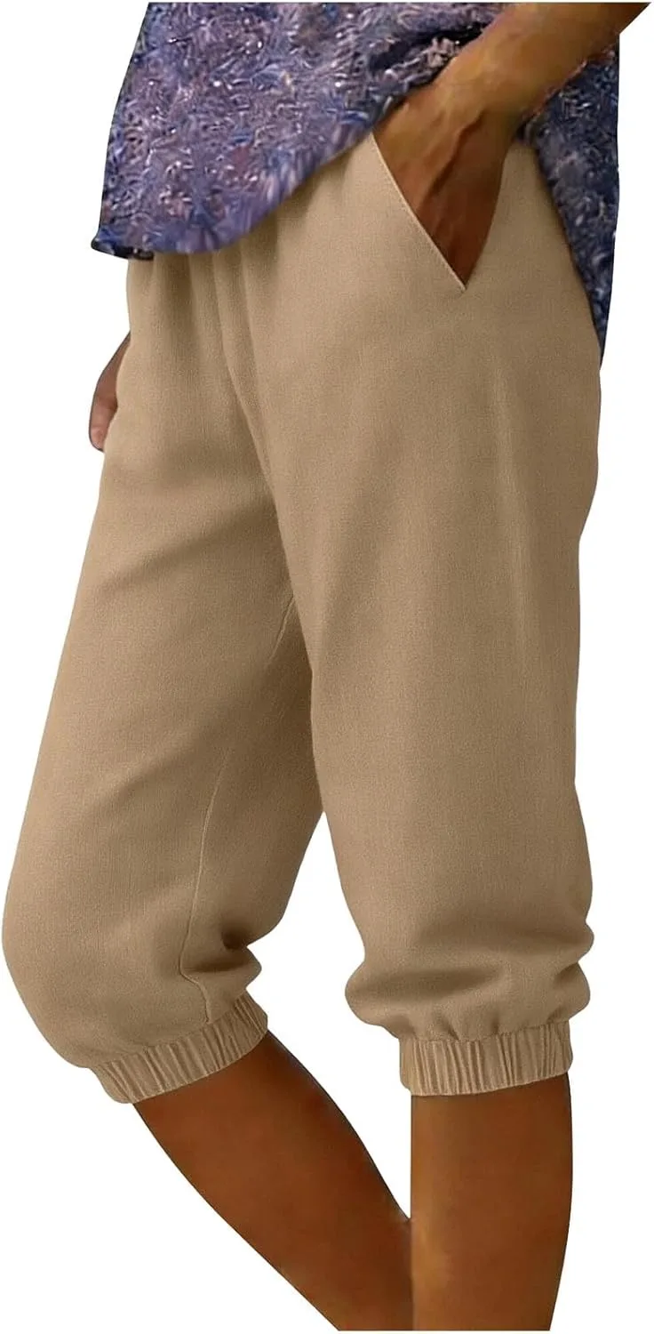 

Летние брюки для женщин Casual Elastic High Waist Faux Denim Straight Wide Leg Cropped с карманом Dovidovi