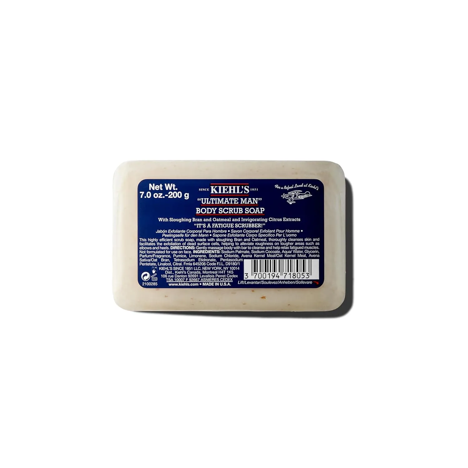 Kiehl's Ultimate Man Body Scrub Exfoliating Bar Soap, скраб-мыло для тела, очищает и отшелушивает, с овсяными отрубями и пемзой, 200 г 198.45 г (1 шт.)