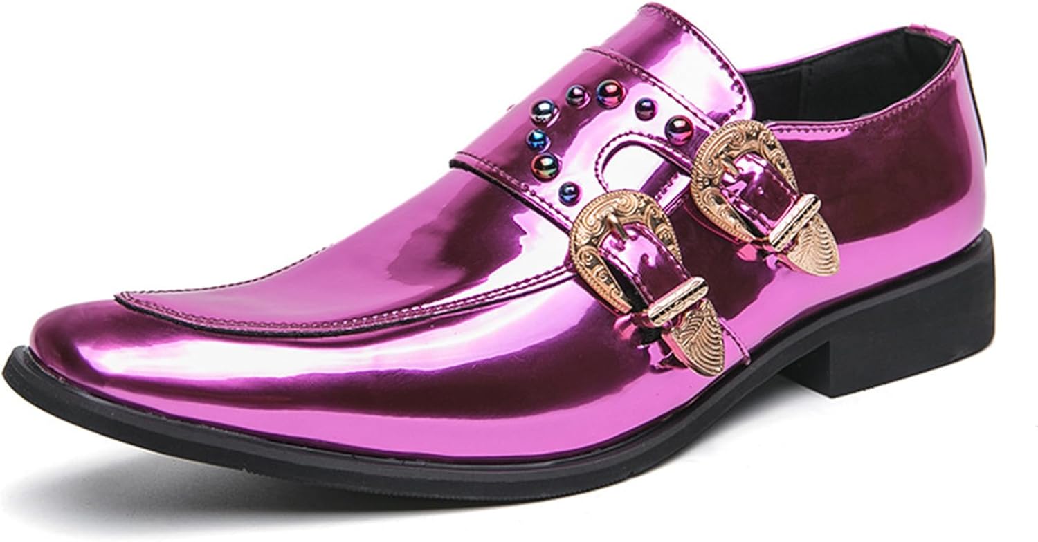 

Мужские лоферы с острым носком из лакированной кожи с двойной монаховской пряжкой, заклепками, без шнуровки, нескользящие, водонепроницаемые, с поддержкой свода стопы, стиль Оксфорд, формальные деловые туфли Riceelsor, розовый