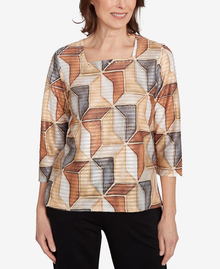 

Классическая женская блузка с квадратным вырезом и узором Витражное стекло Alfred Dunner, Tan Neutral