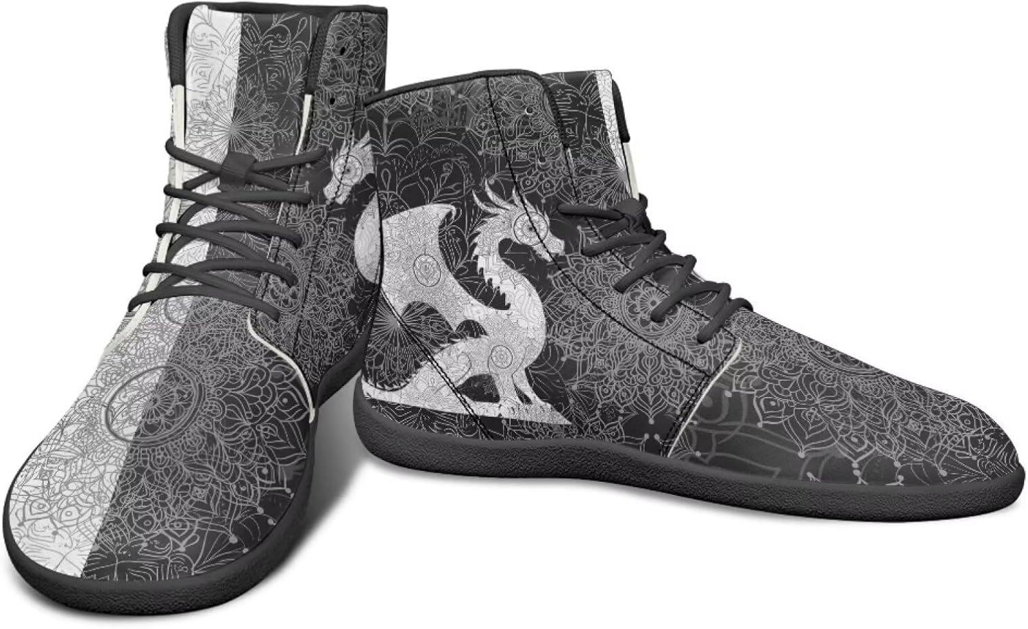 

Высокие кроссовки с драконовым узором, черно-белые, мандала, из ПУ, повседневные спортивные обувь для зала, заземленные для мужчин Watdotory