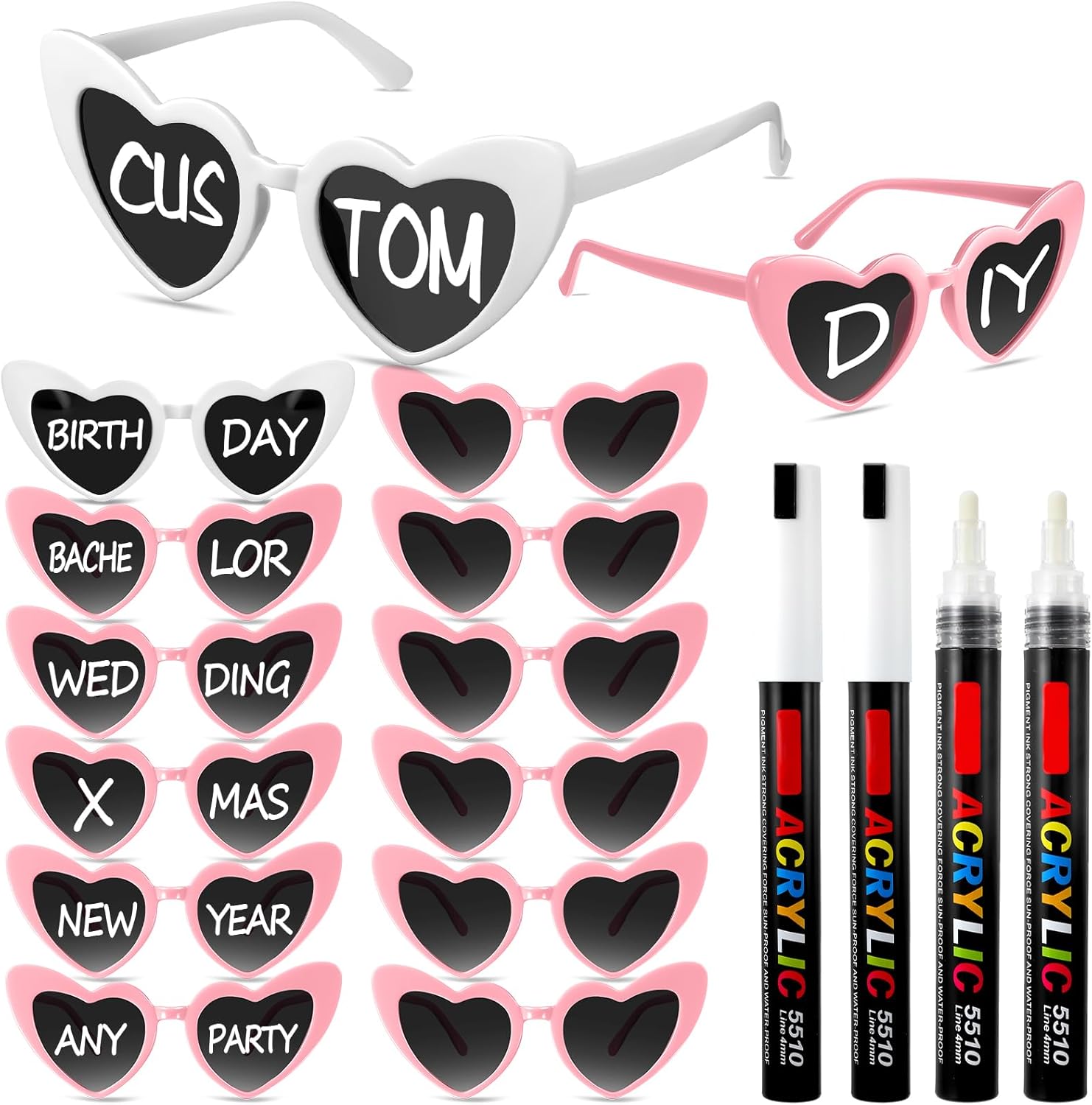 

Персонализированные солнцезащитные очки в форме сердца от Flutesan. Набор очков в форме сердца с маркерами для самостоятельного изготовления свадебных сувениров, Pink and White