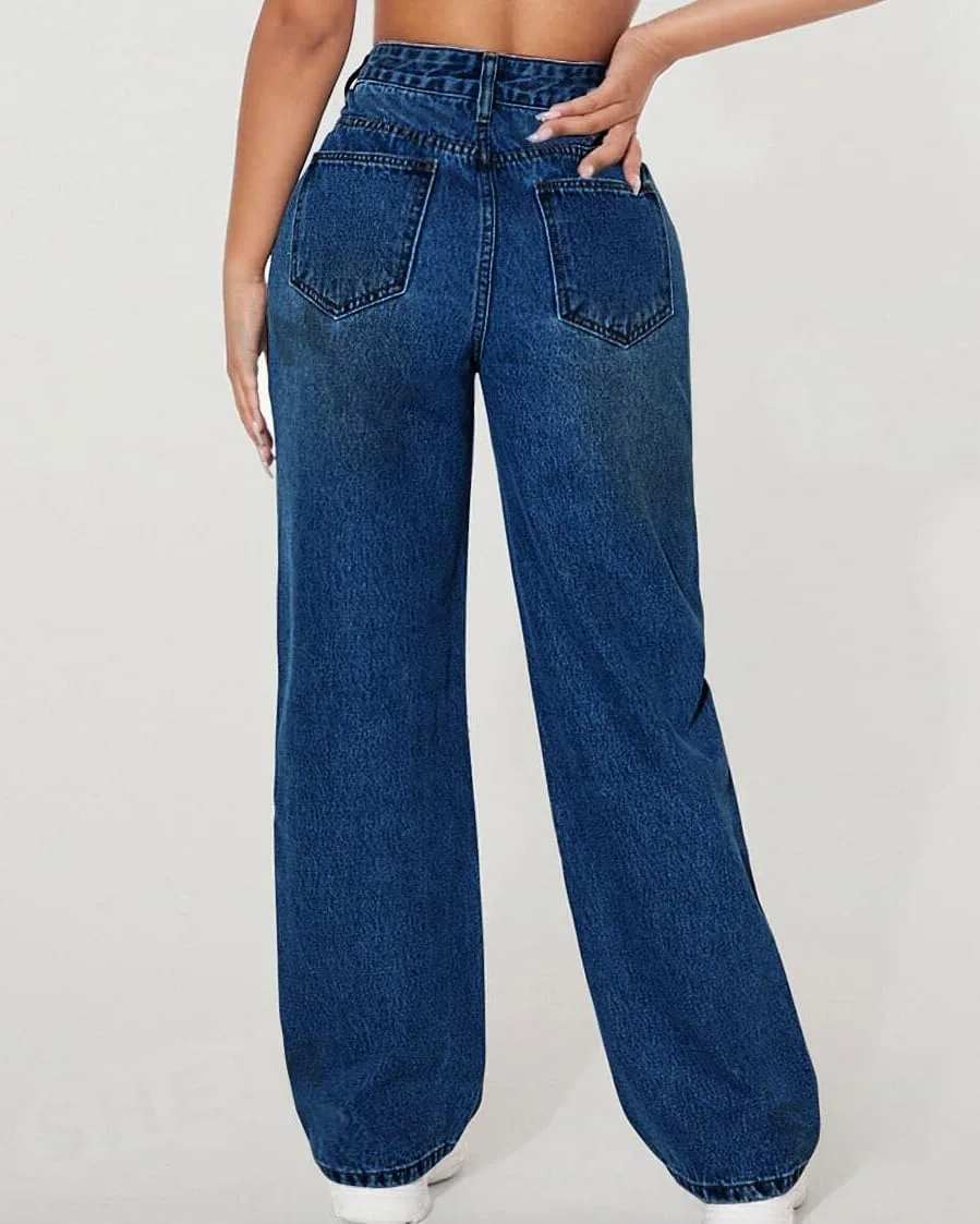 GPCHAN Джинсы для женщин Ripped Straight Leg High Waisted Casual Loose Distressed Boyfriend — фото 3