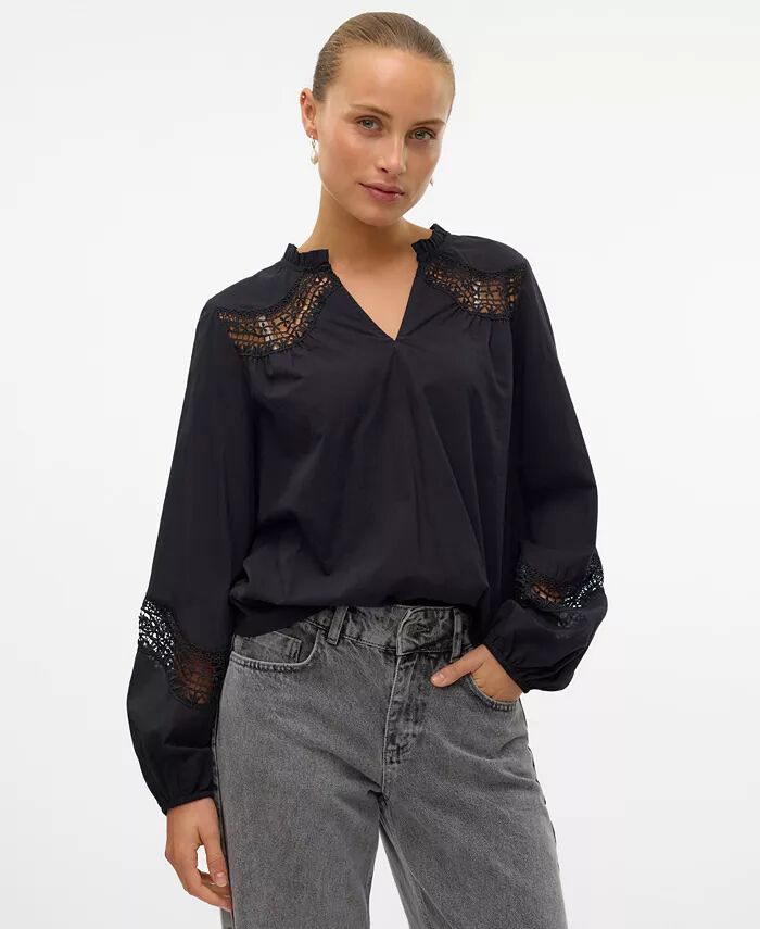 

Женский топ с длинными рукавами и кружевной вставкой Vero Moda, черный