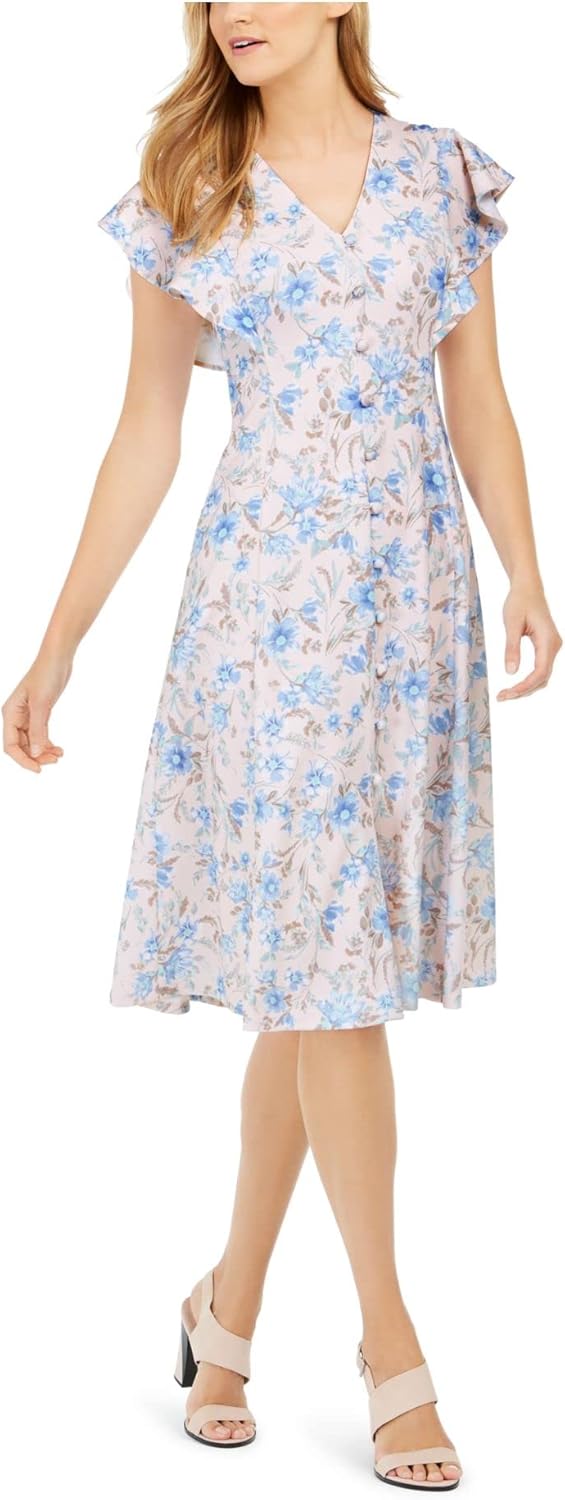 

Женское платье миди Calvin Klein с рукавами-крылышками, V-образным вырезом и пуговицами спереди, Blossom Multi