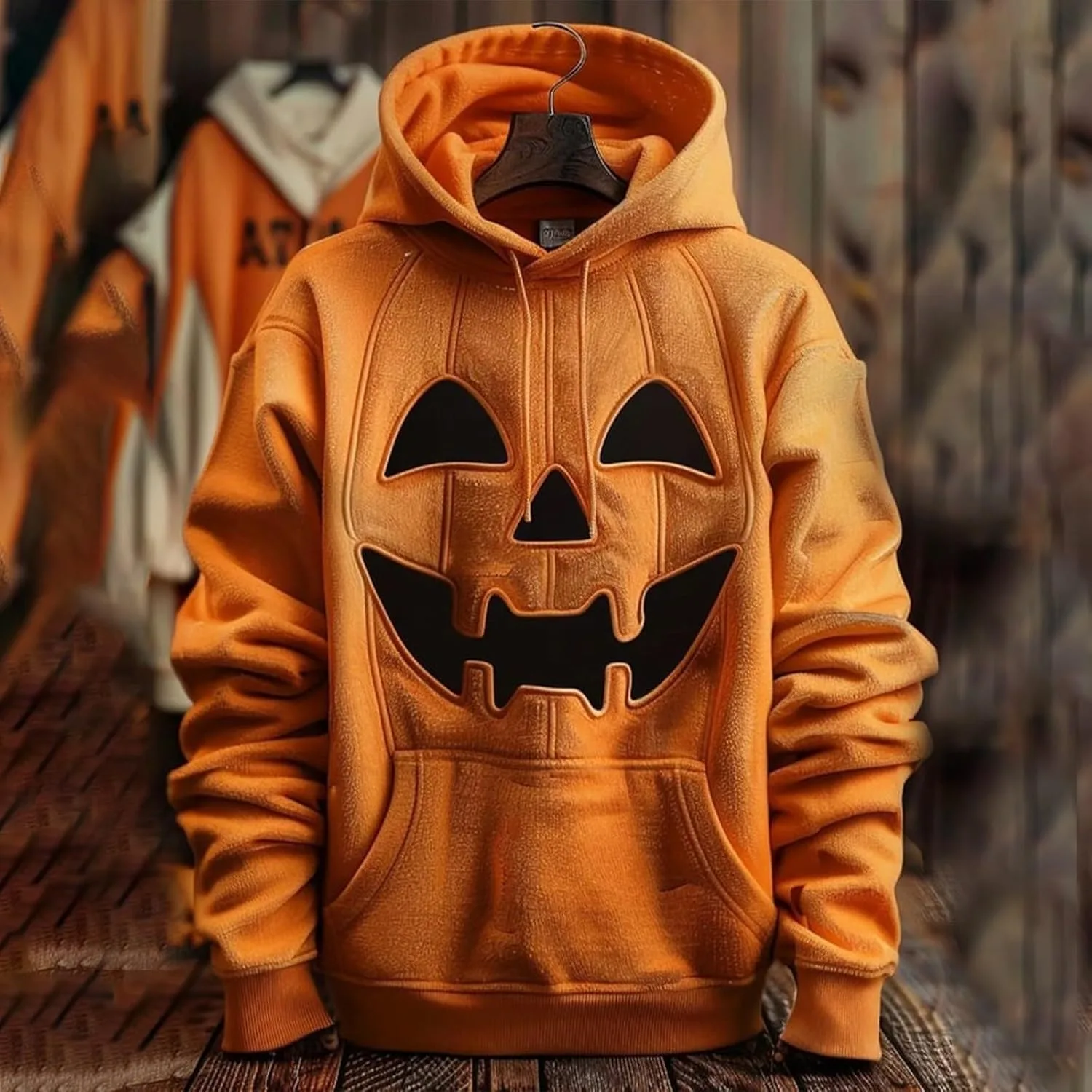 Мужская толстовка с капюшоном Halloween, принт с лицом тыквы, с карманом — фото 2
