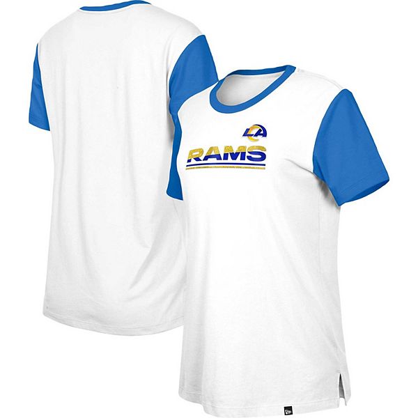 

Женская футболка Los Angeles Rams Third Down Colorblock бело-синяя New Era, Синий, Женская футболка Los Angeles Rams Third Down Colorblock бело-синяя New Era