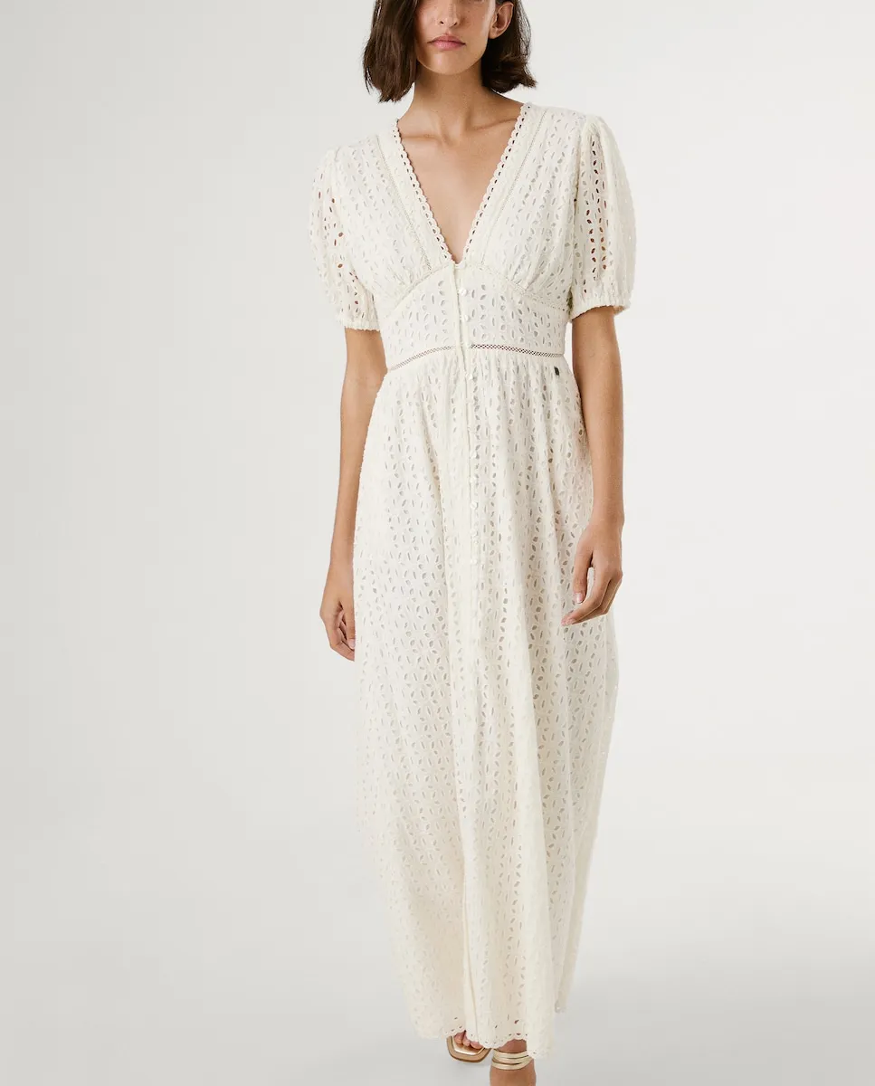 

Платье с пышными рукавами и ажурными деталями Pepe Jeans, белый