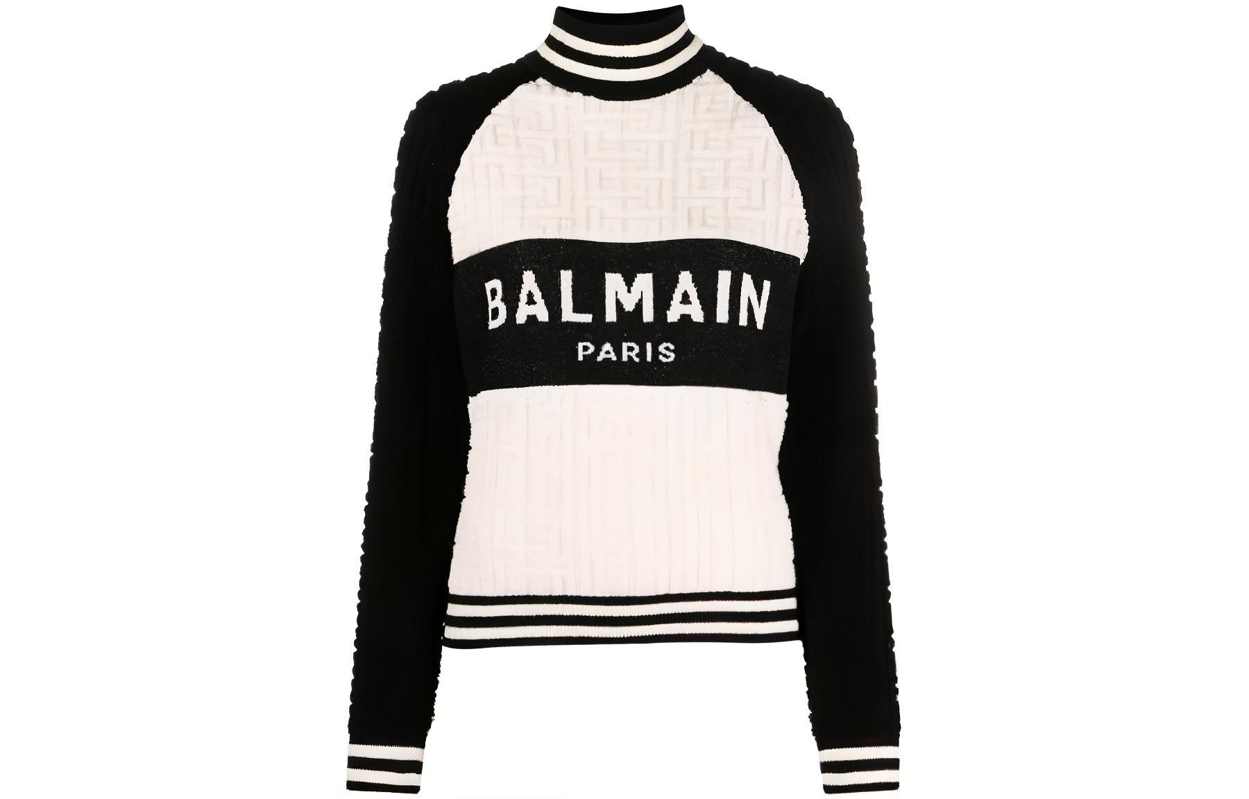 Воротник-стойка Монохромный Жаккардовый Свитер BALMAIN, Черный Белый — фото 2