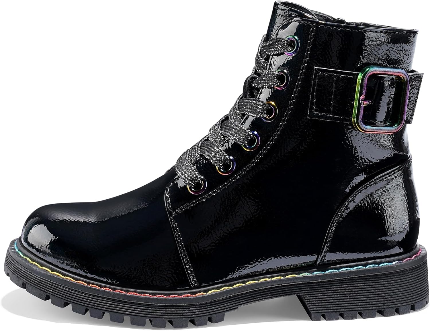 

Детские ботинки Dodow для девочек, блестящие ботильоны в стиле милитари с молнией и шнуровкой, зимние нарядные ботинки для малышей и старших детей, Patent-Black