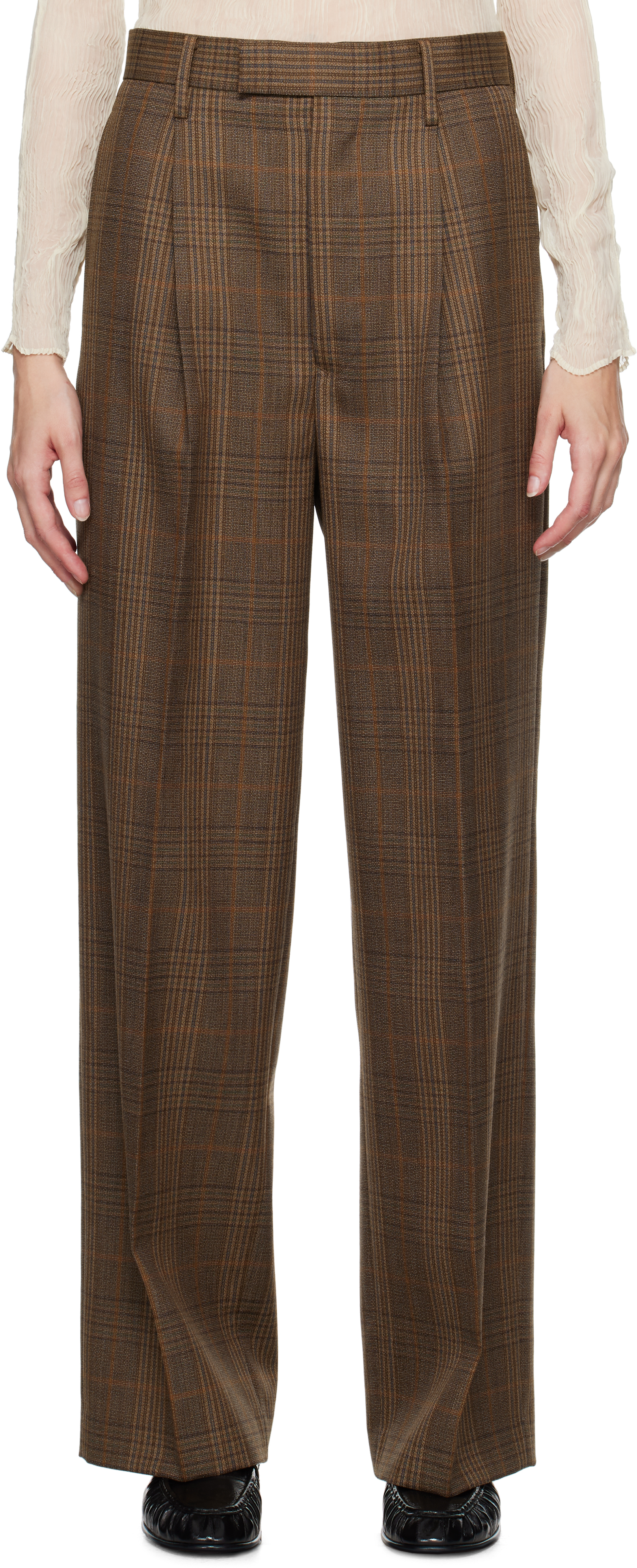 

Коричневые шерстяные брюки в клетку с синим оттенком AURALEE, Brown check