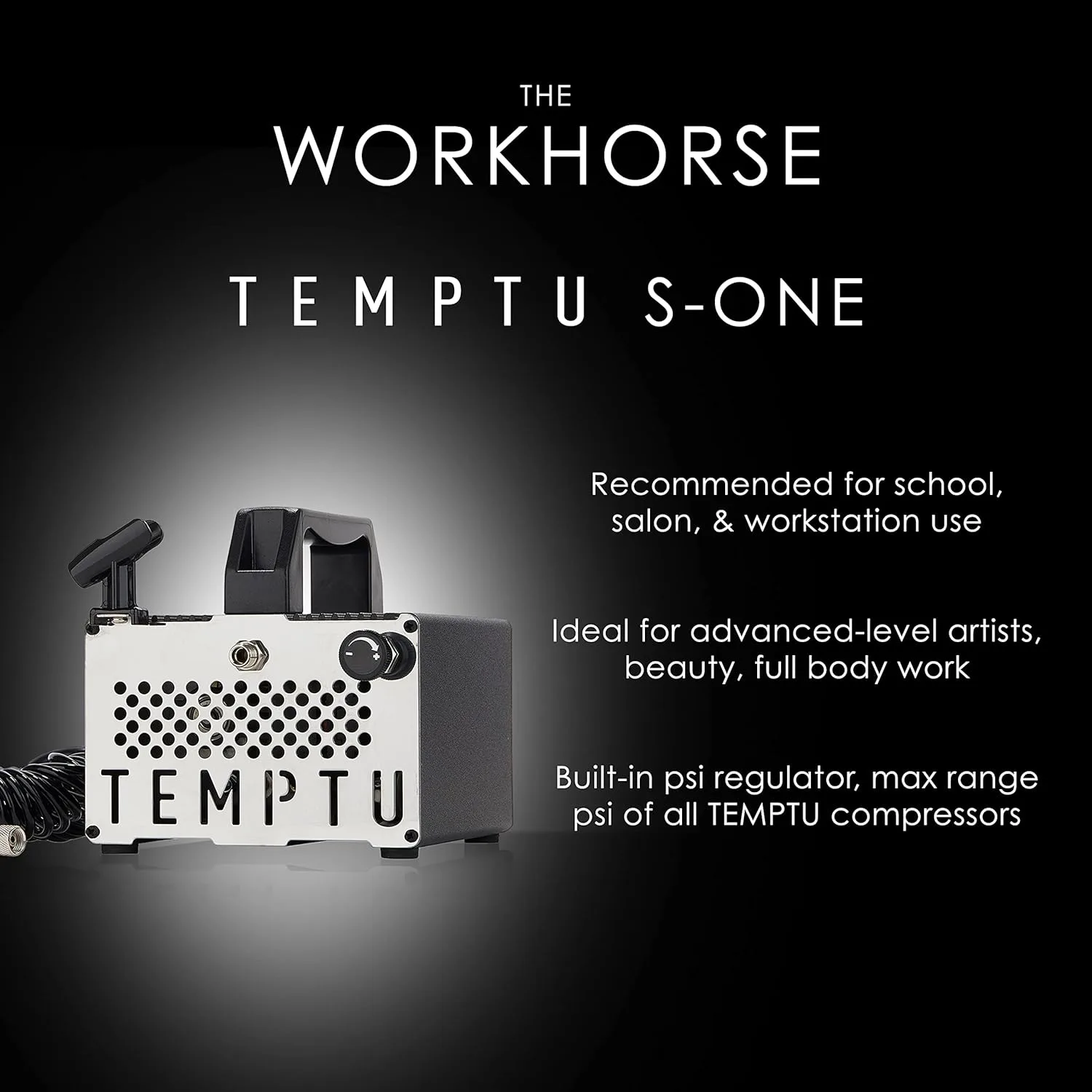 TEMPTU S-One Advanced Airbrush Compressor для макияжа и боди-арта | Встроенный регулятор psi, термозащищенный мотор — фото 3