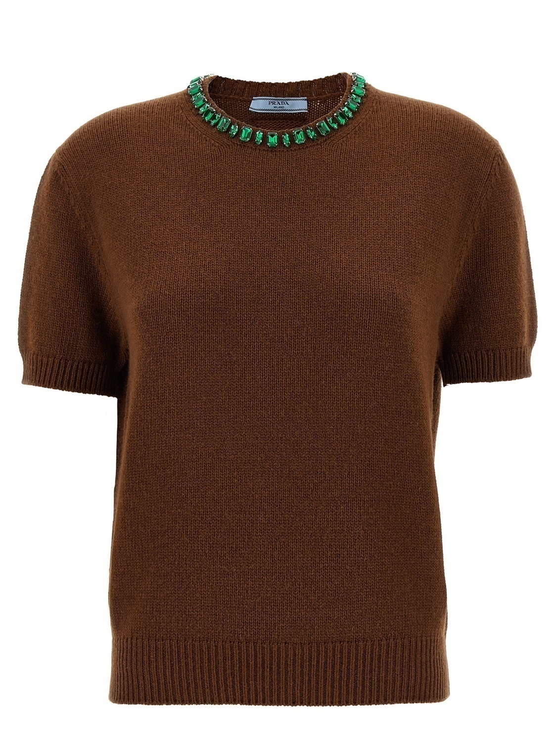 

Кашемировый свитер с кристаллами и круглым вырезом Prada, коричневый