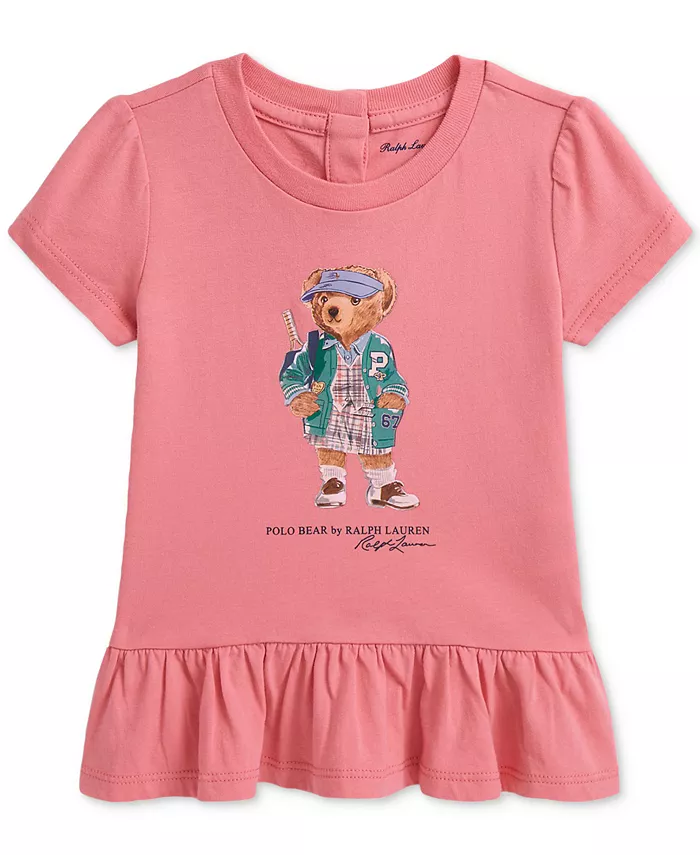 

Детская хлопковая футболка с баской для девочек Polo Ralph Lauren, розовый