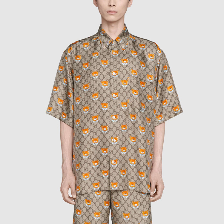 Рубашка мужская Gucci с принтом, коричневый / оранжевый — фото 3