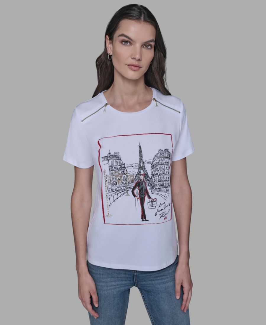 

Женская футболка с застежкой-молнией на плече KARL LAGERFELD PARIS, White