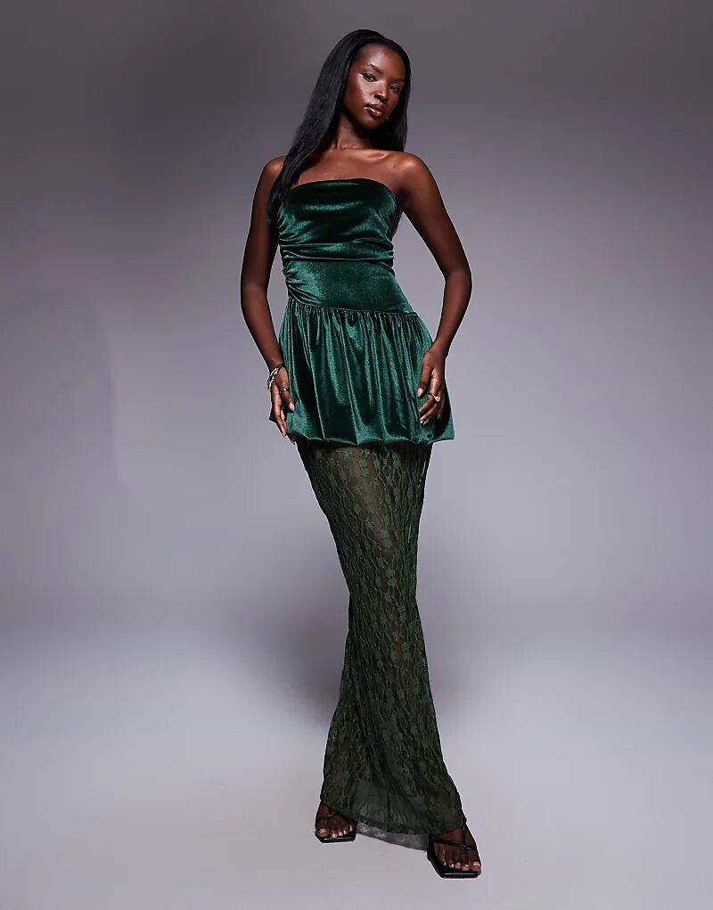 

Бархатное платье-бандо миди ASOS DESIGN с баской и кружевной юбкой зеленого цвета