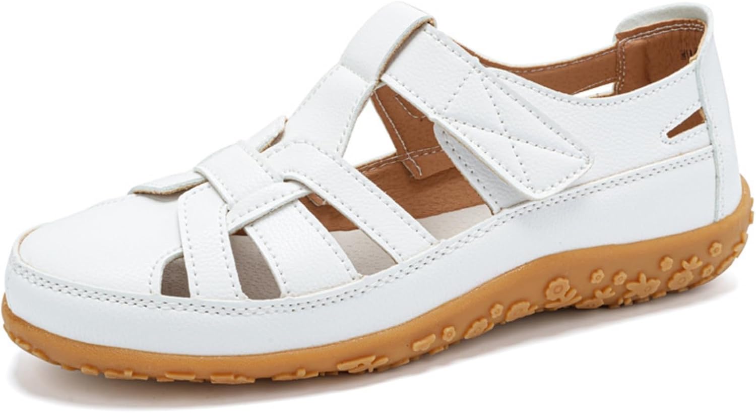 

Женские кожаные сандалии с плетеным закрытым носком, лоферы с вырезами, на липучке, с мягкой подошвой, на слипоне, повседневные удобные ортопедические сандалии, комфортные бохо-римские сандалии, дышащие прогулочные обувь для улицы Generic, белый