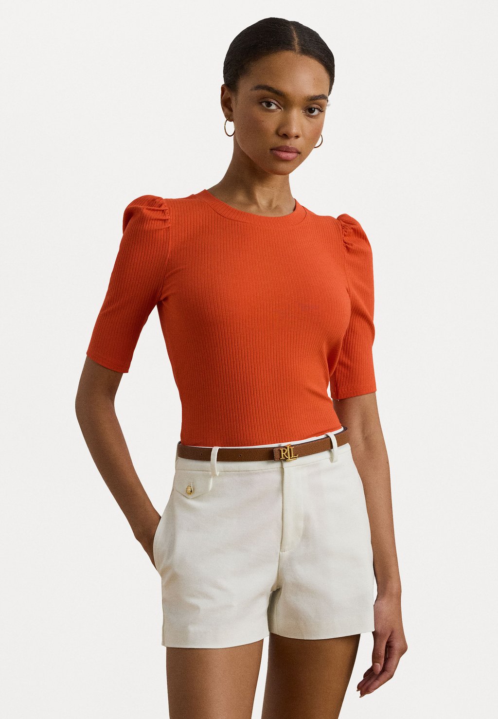 

Базовая футболка COTTON BLEND RIB KNIT PUFF SLEEVE TEE Lauren Ralph Lauren, оранжевый